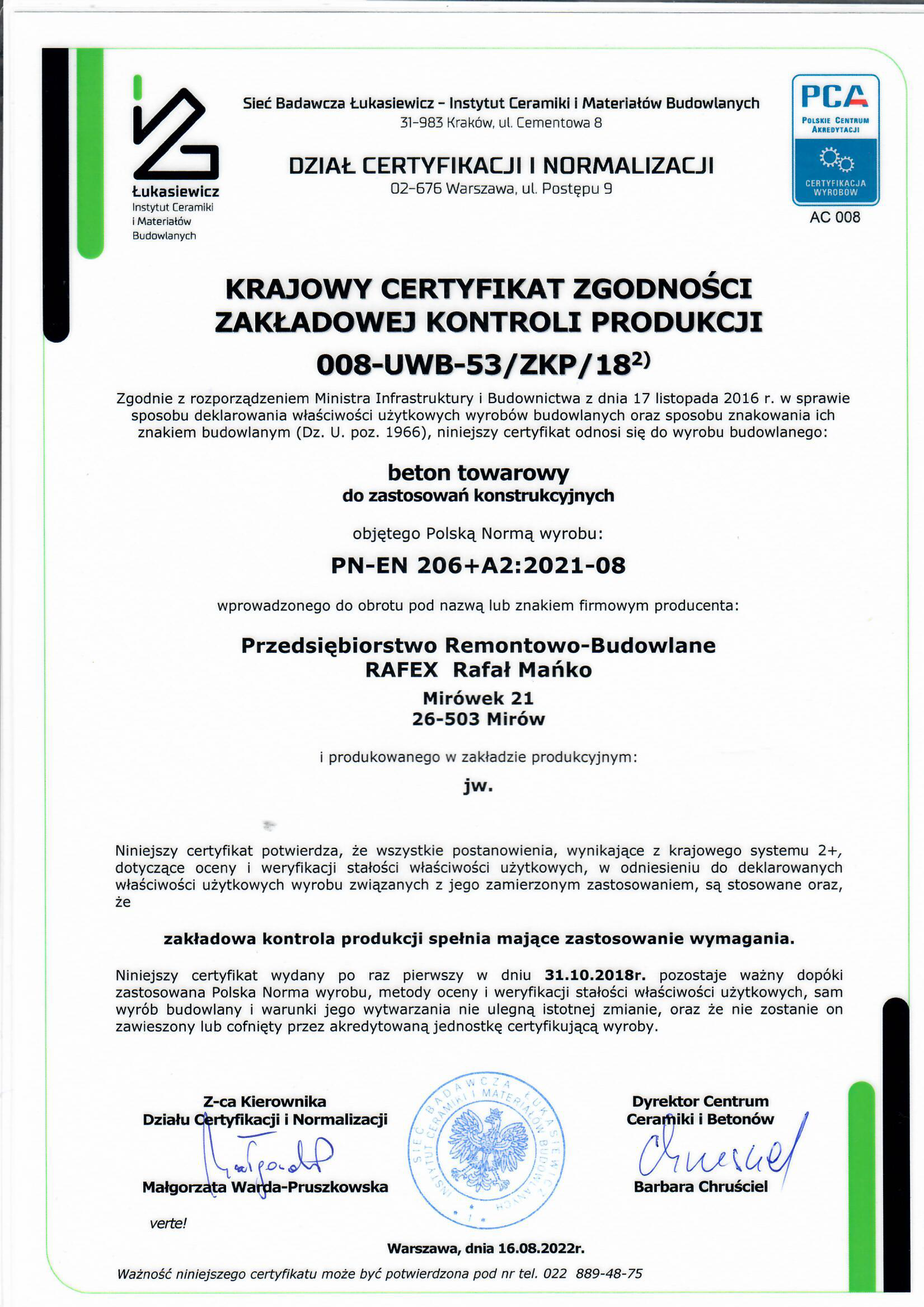 Certyfikat dla betonu - PN-EN 206+A2:2021-08